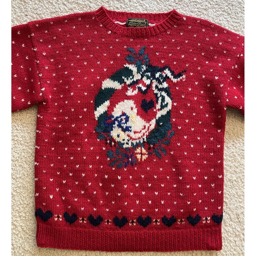 Vintage 1989 Eddie Bauer Wool Hearts Christmas Goose Granny Chic Sweater Women M
